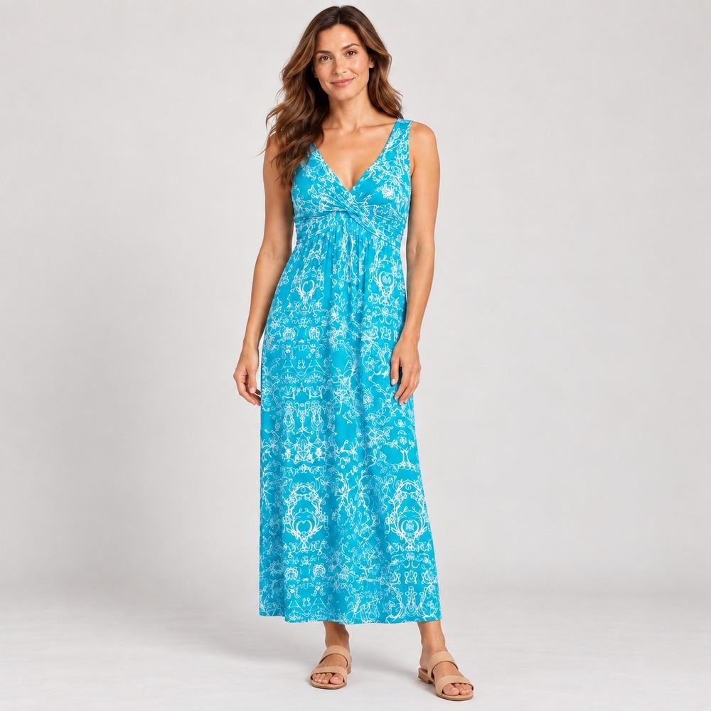 Soft Surroundings Maxi Dress Twist Front Blue White Coastal Boho Petite S